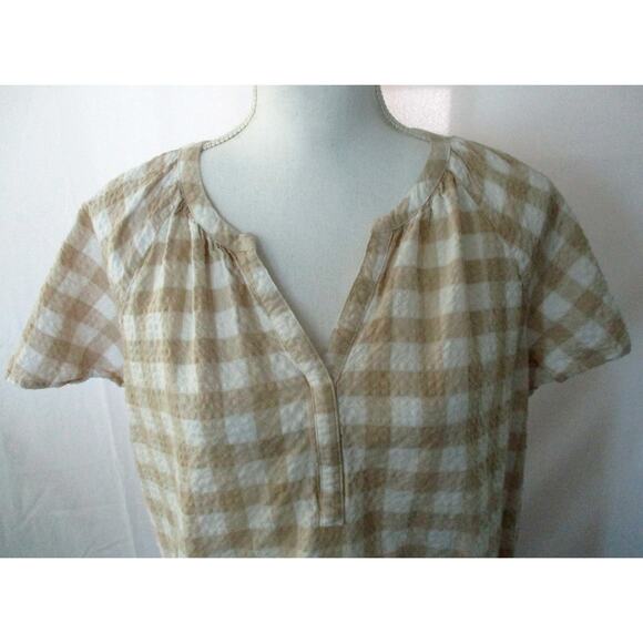 Sonoma Women's Tan & White Checked Short Sleeve V-neck Shirt Size XL - Picture 2 of 10
